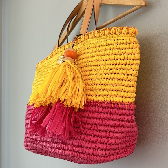 Tory Burch • Pink & Yellow Straw Beach Summer Bag Tote With Tassel - Picture 7 of 16